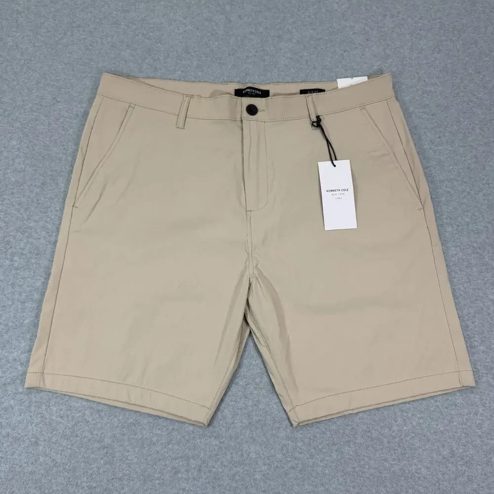 Kenneth Cole Mens 38x8 Slim Fit Tech Shorts Classic Khaki Stretch Flat Front NWT
